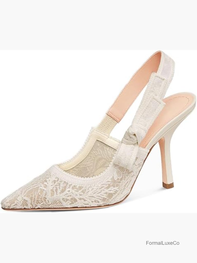 Pointed Toe Pearl Slingback Heels Mesh Bow Stiletto Pump